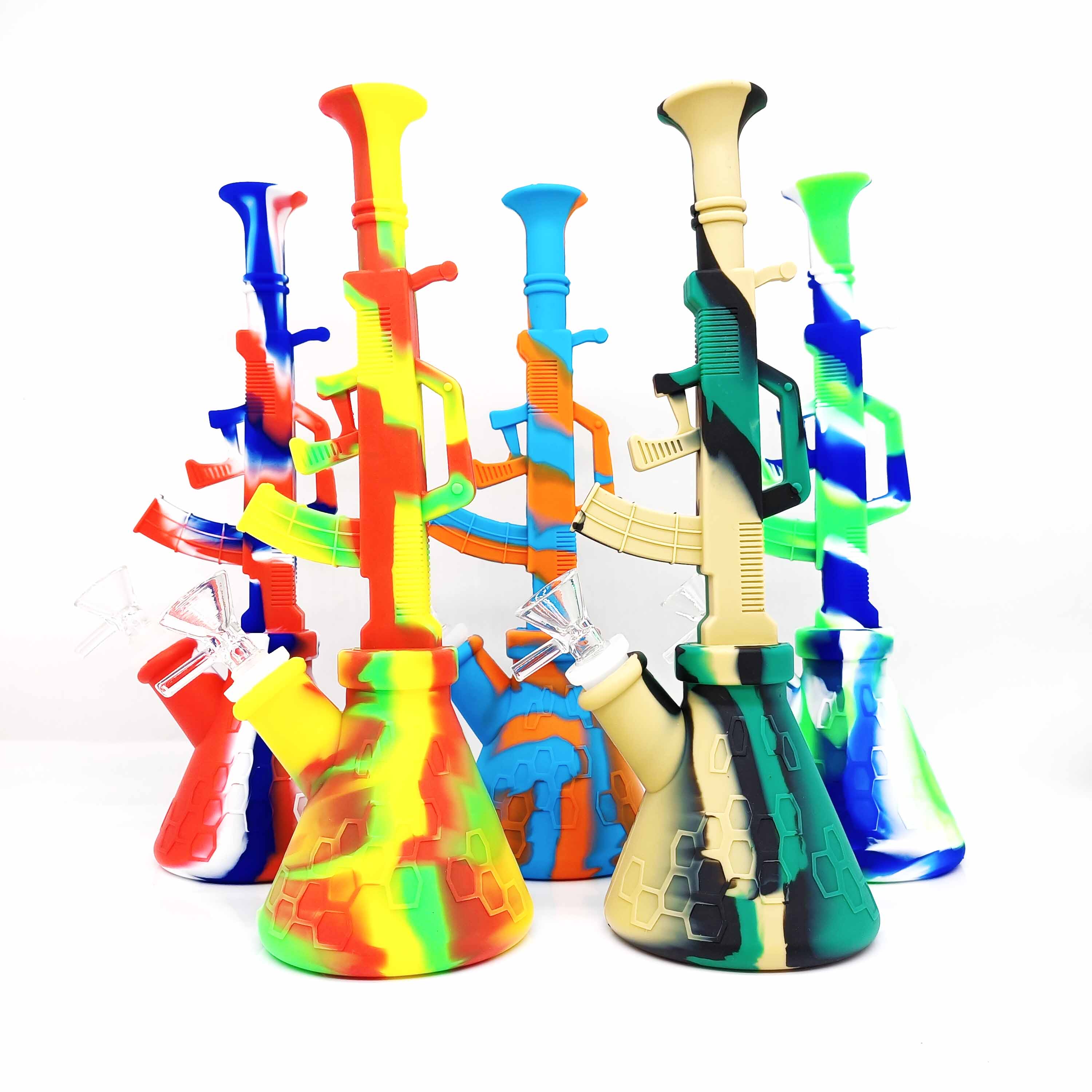 

silicone bong AK47 printed Nectar Collector Kit hookah Dab Rigs beaker smoking bong water pipes glass bong with metal nails