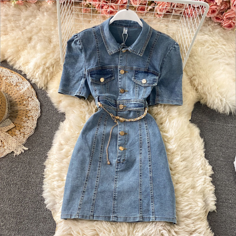 

Puff sleeve lapel denim dress female summer style French retro was thin and small buttocks short skirt 210525, Light blue