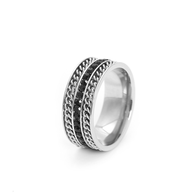 

Rings Fashion Jewelry Titanium Steel Three Row Wide Face Double Chain Black Diamond Ring for Men