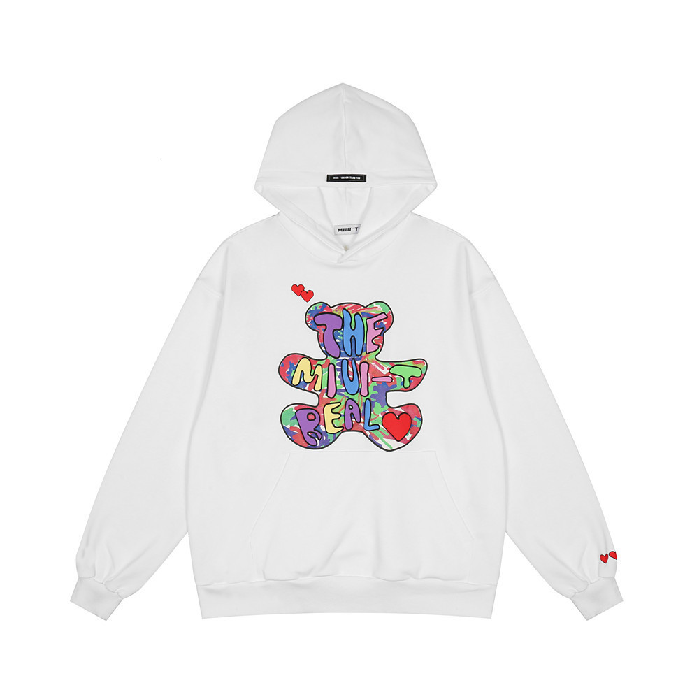 

Sweatshirts Cartoon Bear foam printed mens street fun fashion brand loose Pullover sports Hoodie, White