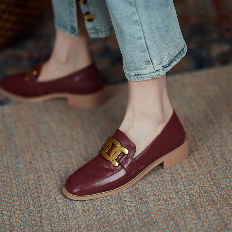 

Dress Shoes moccasins women's genuine leather shoes med square heels block pumps heel metal decoration ladies size NFUM, 1# shoe box