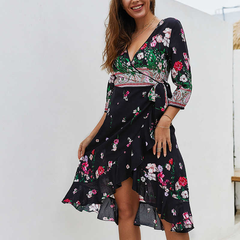 

Loose Boho Floral Printed Women Dresses Sexy V-Neck Three Quarter Sleeve Spilt Out Beach Dresses Vestidos W180 210526, Dark blue