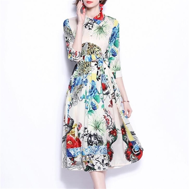 

High Quality Summer Arrival Elegant Turn-down Collar Flower Printed Half Sleeve Woman Long Dress 210603, Picture color