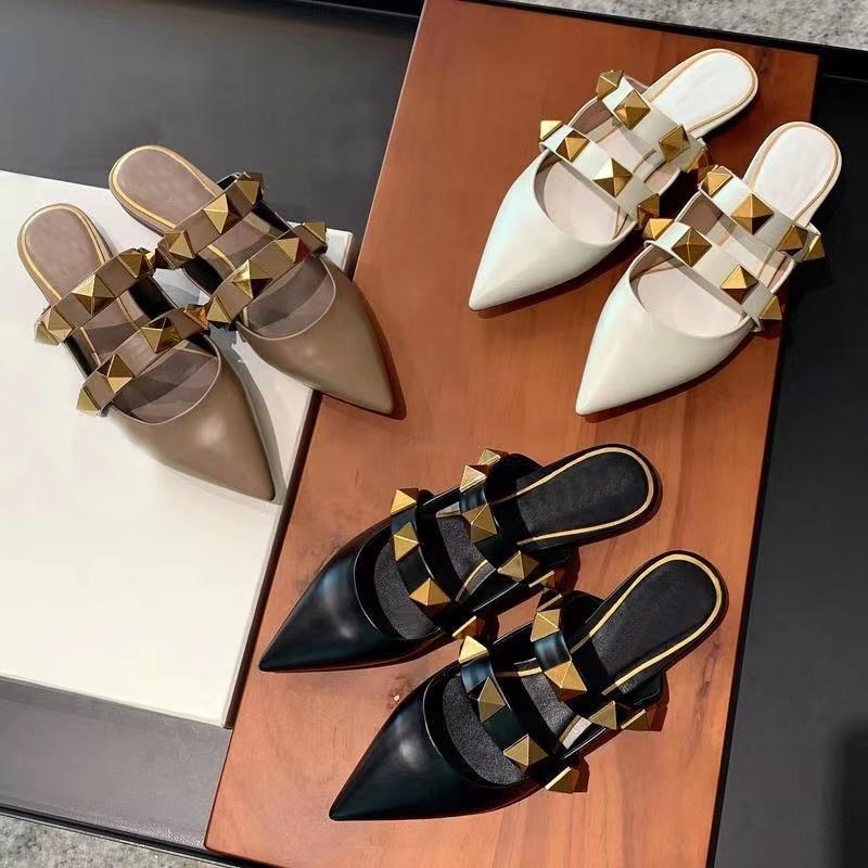 

Women Designer Studded Slippers VG Gold Rivet Sandals Luxury Flat Heel Sliders Calfskin All-match Stylist Shoes 6.5cm High Heels With Box size 35-42, 13