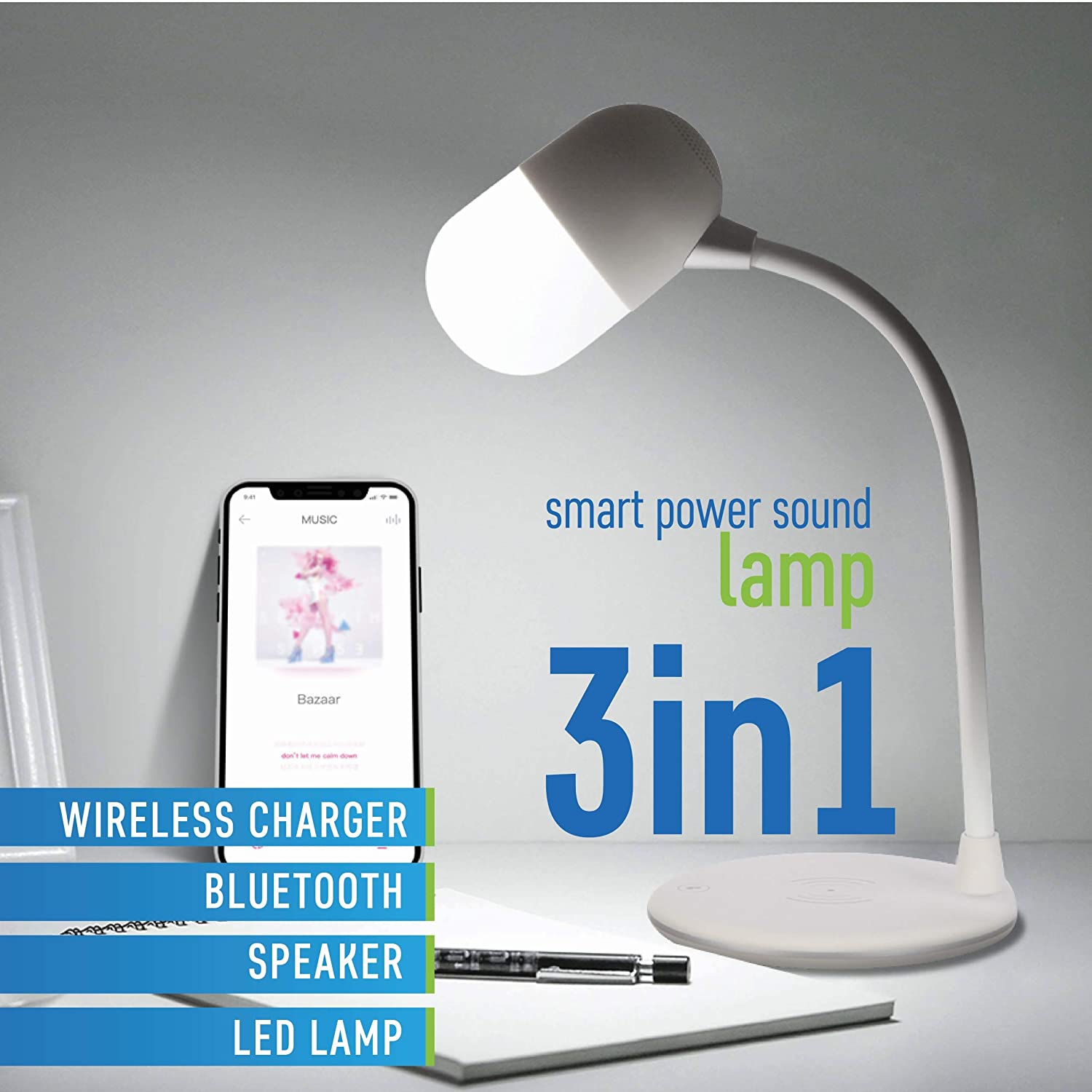 

3-in-1Portable Bluetooth 4.2 Speaker Flexible LED Desk Lamp USB Charging with Fast Wireless Charger Pad Table Light Smart Touch Control Dimmer Lighting Phone Chargers