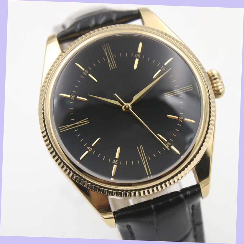 

Dual Time Cellini Yellow Gold Case Leather Mens Watch Watch Leather Strap Automatic Mechaincal Black Dial Men Watches Male Wristwatches