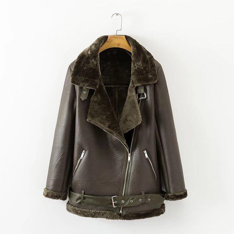 

Women's Leather & Faux Fashion Winter Women Lamb Female Warm Thick Outerwear Jacket Lambs Wool Fur Collar Suede Coats, Black
