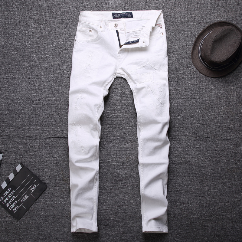 

2021 New Italian Vintage Designer White Slim Fit Ripped Pencil Pants Elastic Fashion Streetwear Hip Hop Jeans Men Ycho