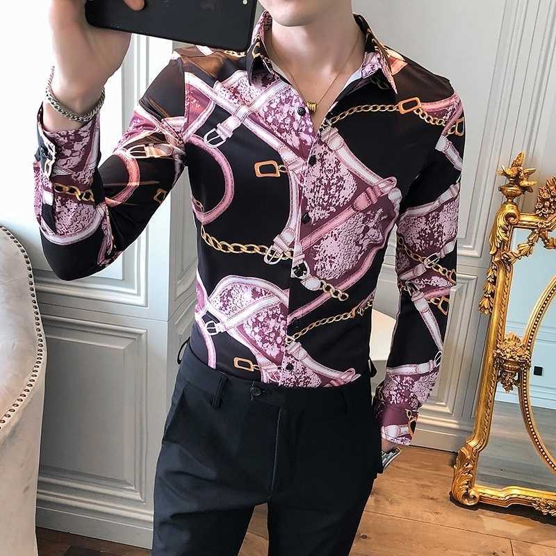 

Gold Chain Men's Shirts Slim Fit Streetwear Brand Male Clothing Camisas Para Hombre Long Sleeve Casual Floral Party Dress Blouse 210527, White