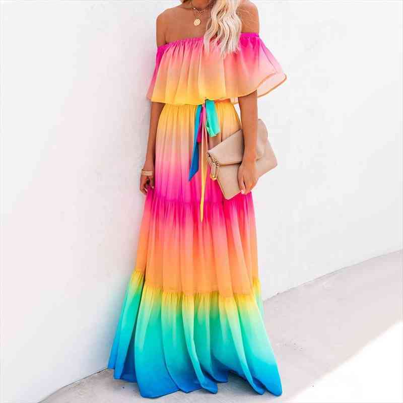 

off shoulder gradient ombre color belt ruffles maxi chiffon dress v-f, Black;gray
