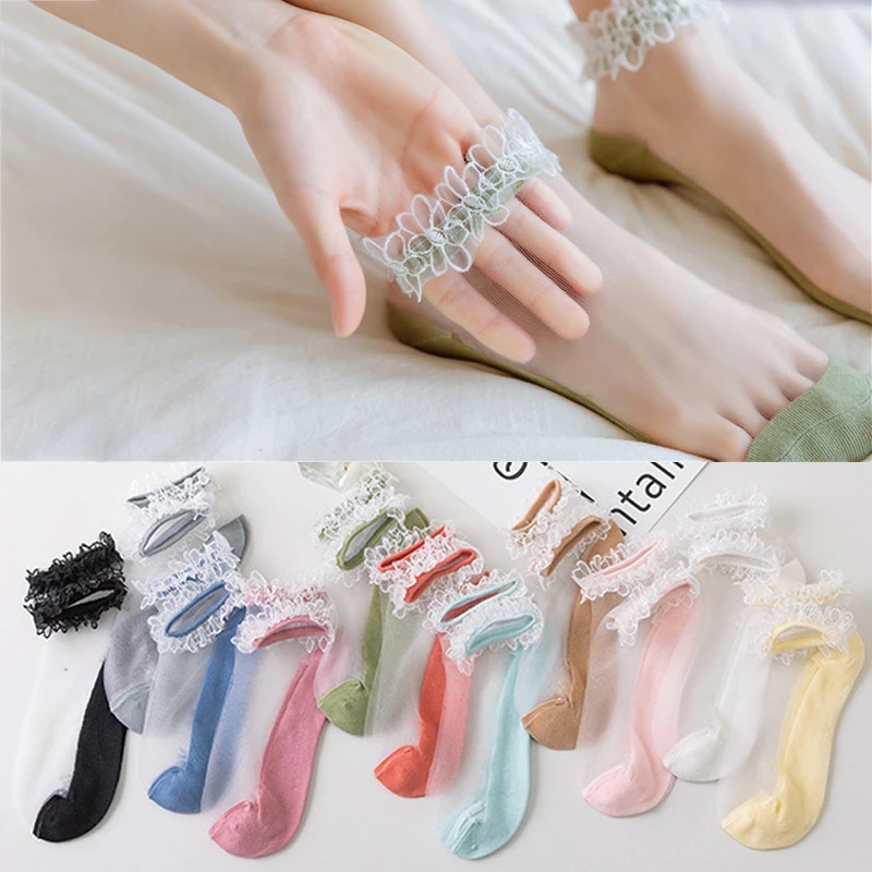 

Women's Transparent Lace Short Socks Summer Cotton Thin Hollow Ankle Socks Slippers Female Soft Non-slip Invisible Sock, Style 1