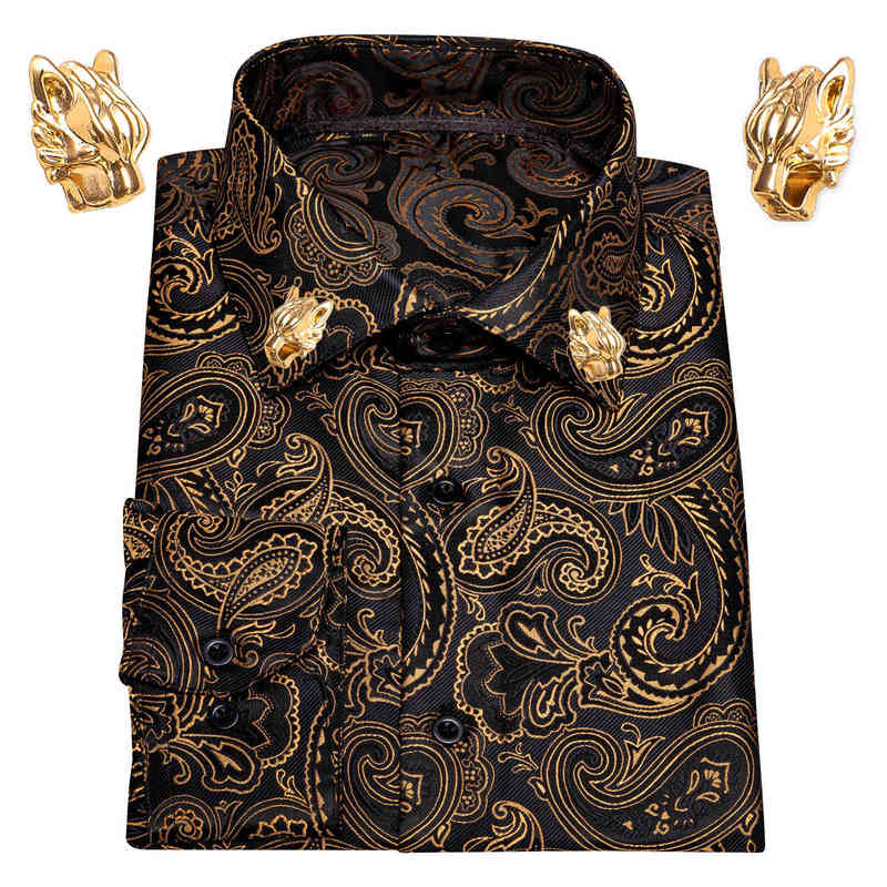 

Gold Paisley Silk Men Shirts Long Sleeve Casual Flower Shirts For Men Dress Shirts Barry.Wang Designer Leopard Collar Pin H1210, Cy-0001-collar pin