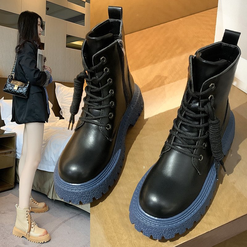 

2022 NEW Square Heels Platform Autumn Winter Shoes Ankle Boots Women Motorcycles Boots Cross-tied Chelsea Boots, Beige