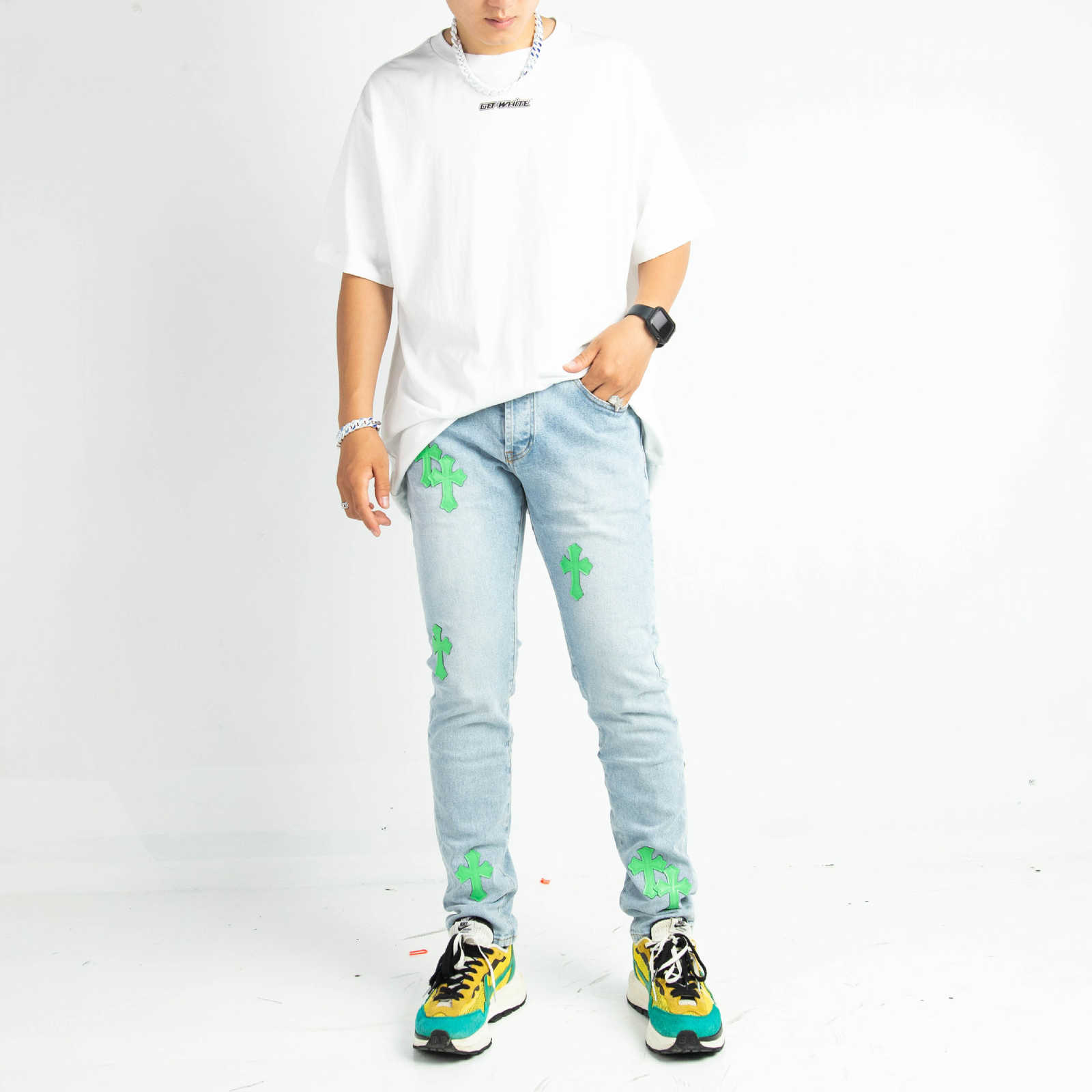 

Cross Green Crosin High Version Pants Wash Fade Blue Sticker Casual Slim Jeans Pants, Black;white