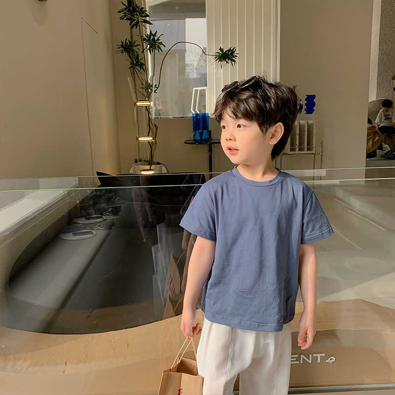 

Boys summer solid color short sleeve T shirts cotton casual loose Tees Kids Clothes 210615, Gray