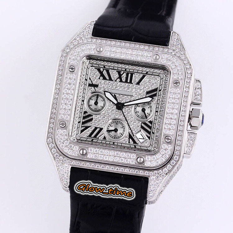 

Best Edition Diamond Dial Japan VK Quartz Chronograph W20090X8 WGSA0017 Mens Watch Iced Out Diamond Silver Case Leather Strap Luxry Watches, Professional waterproof