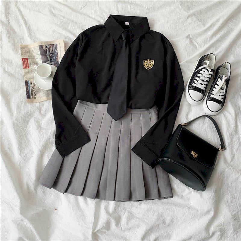 

Preppy style suits Spring autumn two-piece shirt niche long-sleeved + high-waist pleated skirt suit free tie high street 210526, White black suit