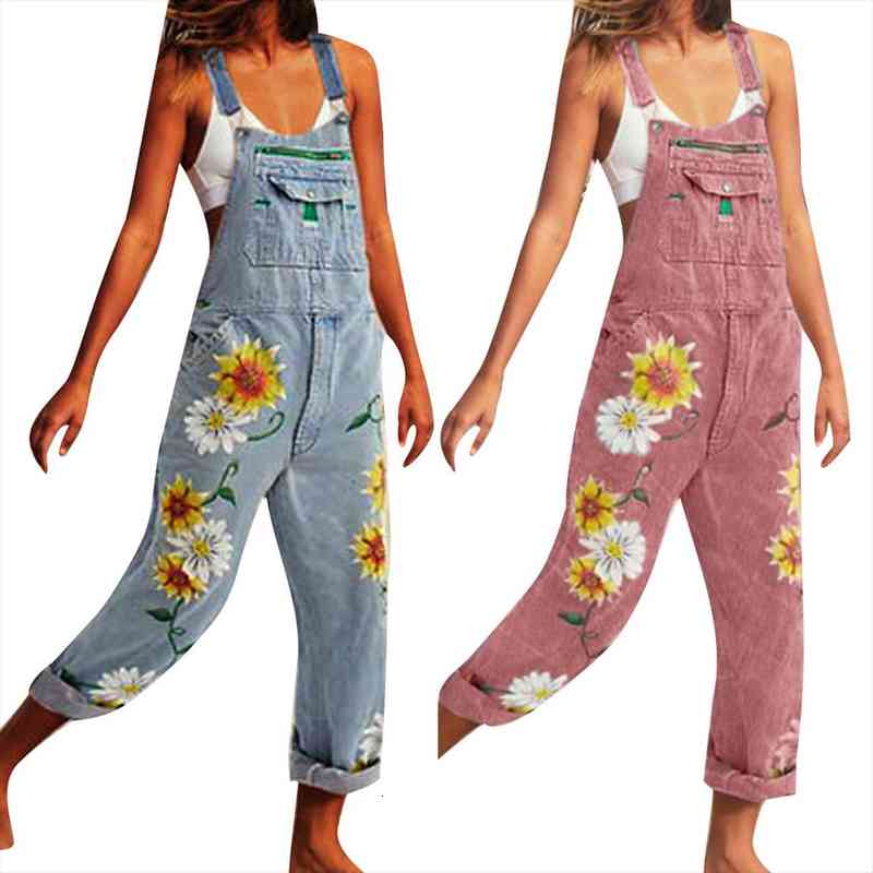 

summer clothes denim overalls sunflower womens jean printed removable suspender trousers with chest pocket for girls 6 sizes, Blue