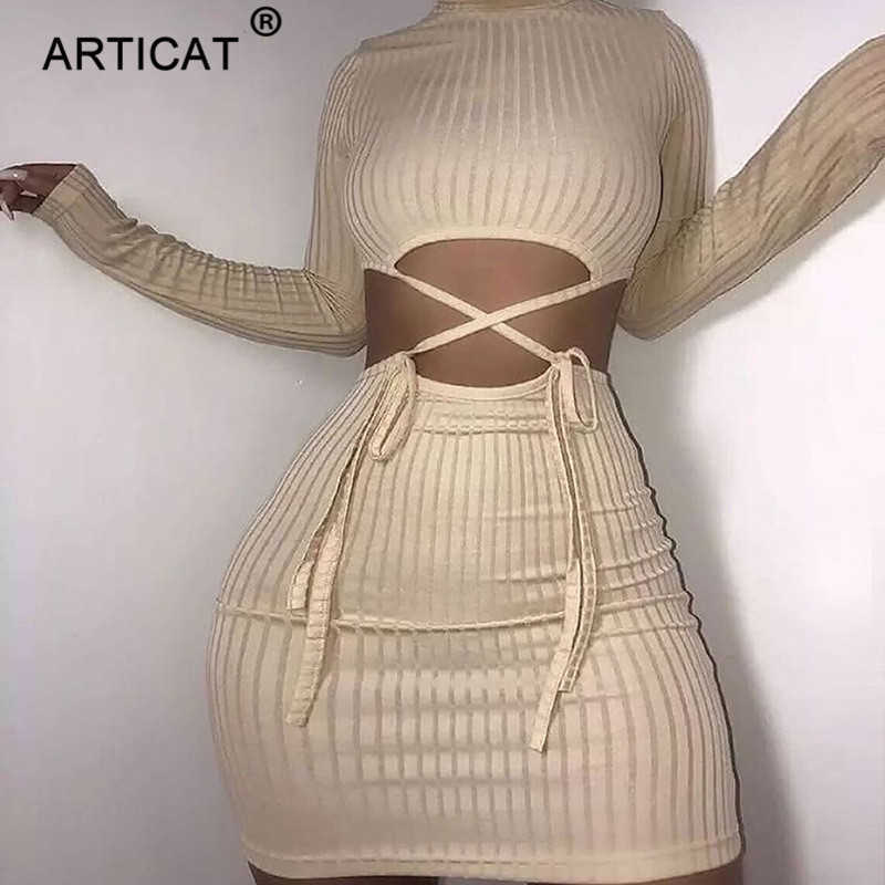 

Articat Ribbed Hollow Out O Neck Drawstring Dress For Women Solid Long Sleeve Mini Dresses Skinny Partywear Female Vestidos Y0603, Khaki