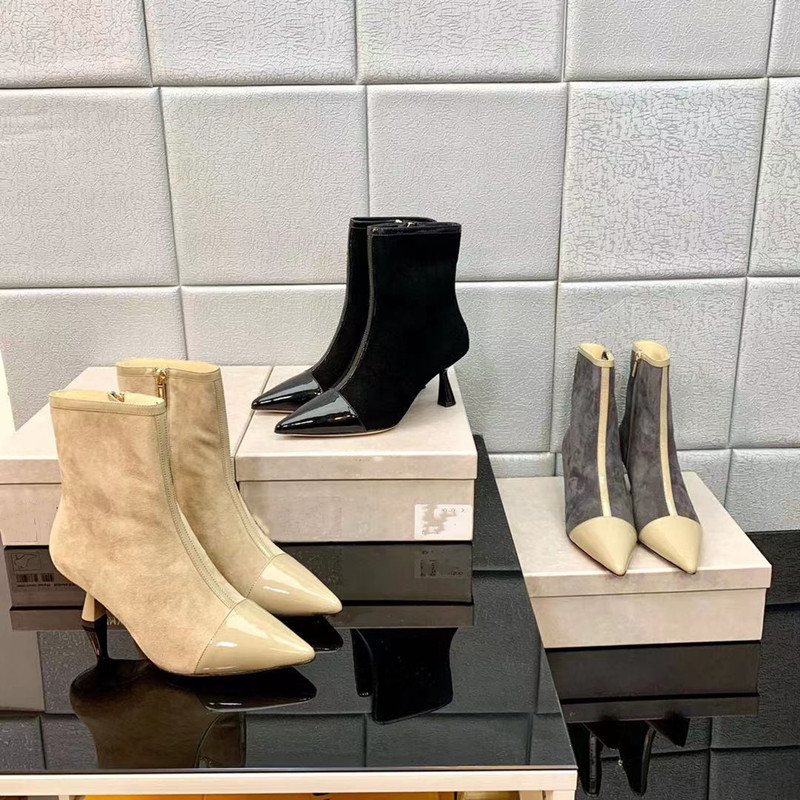

Sock Boots High Heels for Women Sexy Pointed Toe Patent Leather Suede Patchwork Ankle Boots Designer Runway Shoes Luxury Brand, Black