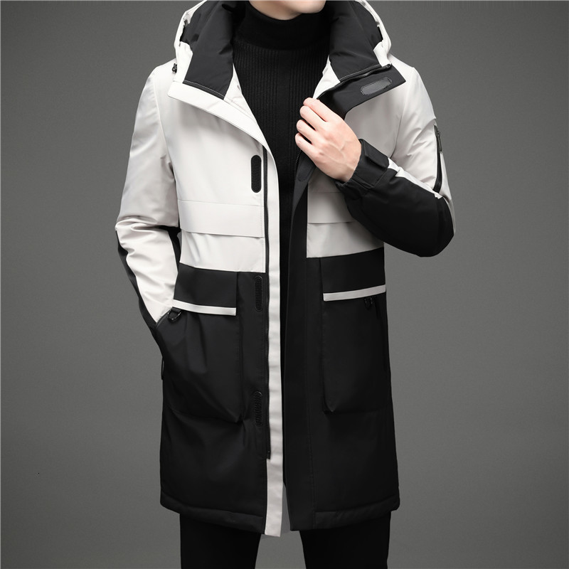 

2021 New Hight Quality Grey Duck Jacket Men Thick Winter Warm Hooded Parka Fashion Patchwork Mens Down Jaket Casual Long Male Coat Kv89, Black