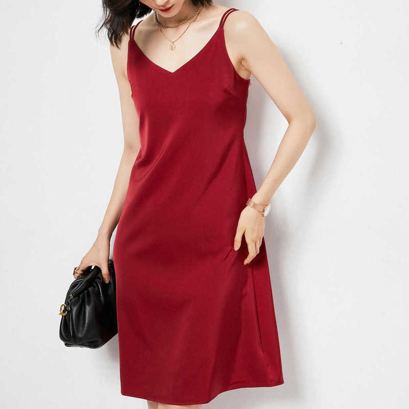 Suspender Skirt Spring and Summer Silk Satin Sleevels Solid Sexy Loose V-neck Mid Length Drs-image-702223098