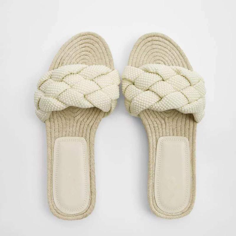

Slippers Women's Shoes White Pearl Woven Belt Decorated Flat With Sandals Are Simple Outside Slides Sweet Flip Flops Slipper