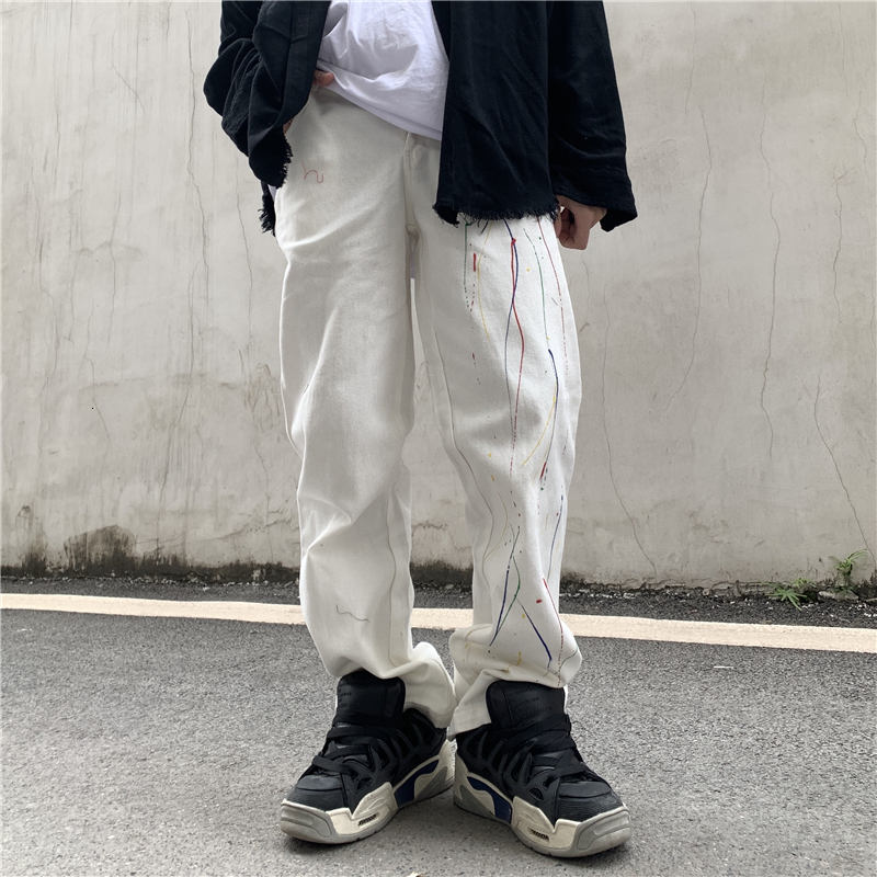

2021 New Harajuku Ink Painted High Street White Jeans for Men and Women Ripped Straight Loose Casual Denim Trousers I4mz, Black