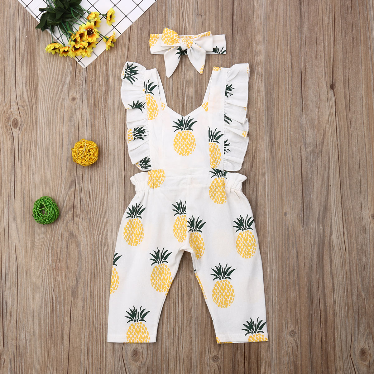 

Baby Girls Clothes Newborn Jumpsuits Toddler Sleeveless Ruffle Pineapple Printed Romper Headband Infant Outfits Clothing, As the picture