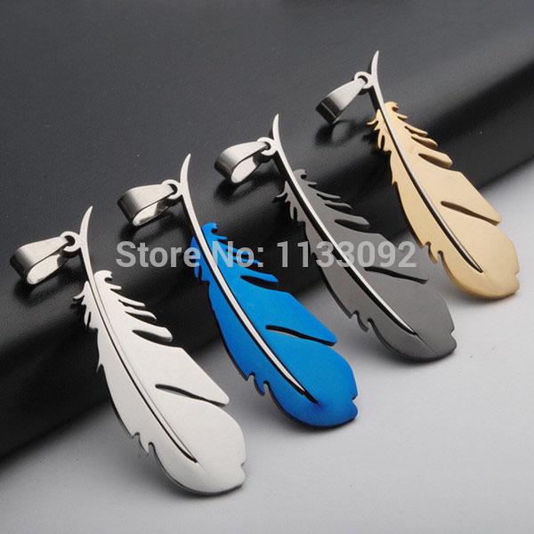 

Pendant Necklaces 12pcs/lot Mix 4 Colors European Jewelry Trendy Stainless Steel Feather Necklace For Women Men Wholesale