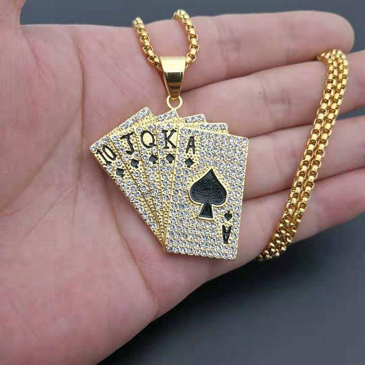 

Pendant Necklaces Personality Gold Poker Rhinestone Necklace Motorcycle Party Iced Out Chain Men Women Rock Jewelry