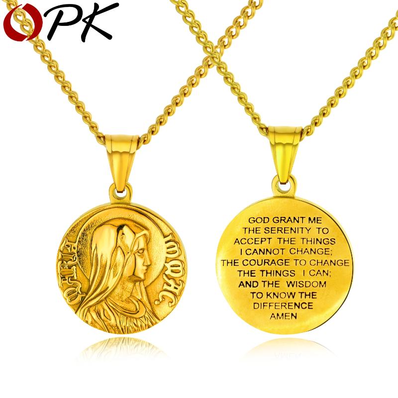 

Pendant Necklaces OPK Blessed Virgin Mary Necklace For Women Steel/Gold Color English Bible Charm Chain Female Catholicism Jewelry GX1403