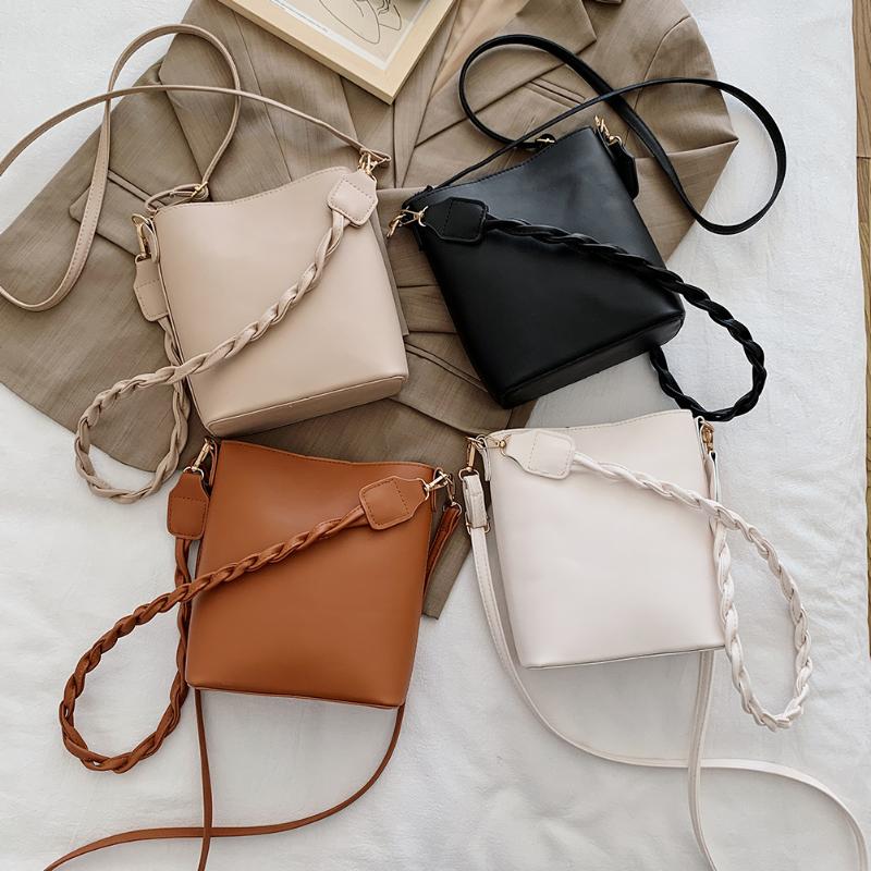 

Fashion PU Leather Bucket Bag Simple Women Braided Strap Shoulder Handbag Pouch Portable Solid Color Messenger Satchel, Black