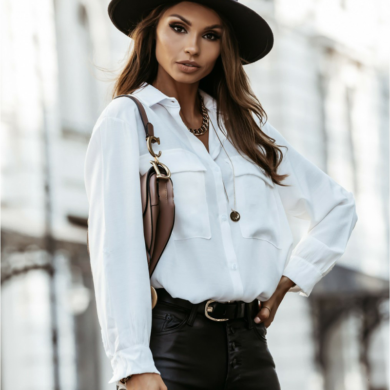 

2021 Women New Fashion White Blouse Casual Turn-down Collar Long Sleeve Pockets Shirt Ladies Elegant Solid Loose Office Outwear Yvif
