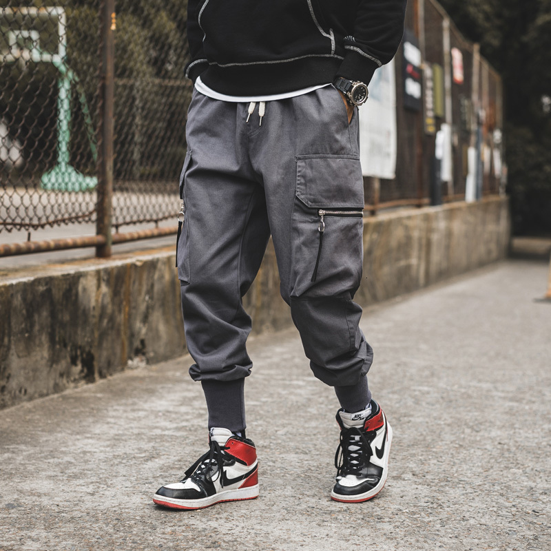 

New Hip Hop Men Fashion Joggers 2021 Mens Big Pockets Elastic Waist Ankle-length Pencil Sweatpants Male Overalls Harem Pants 5dmf 5gnj, Gray