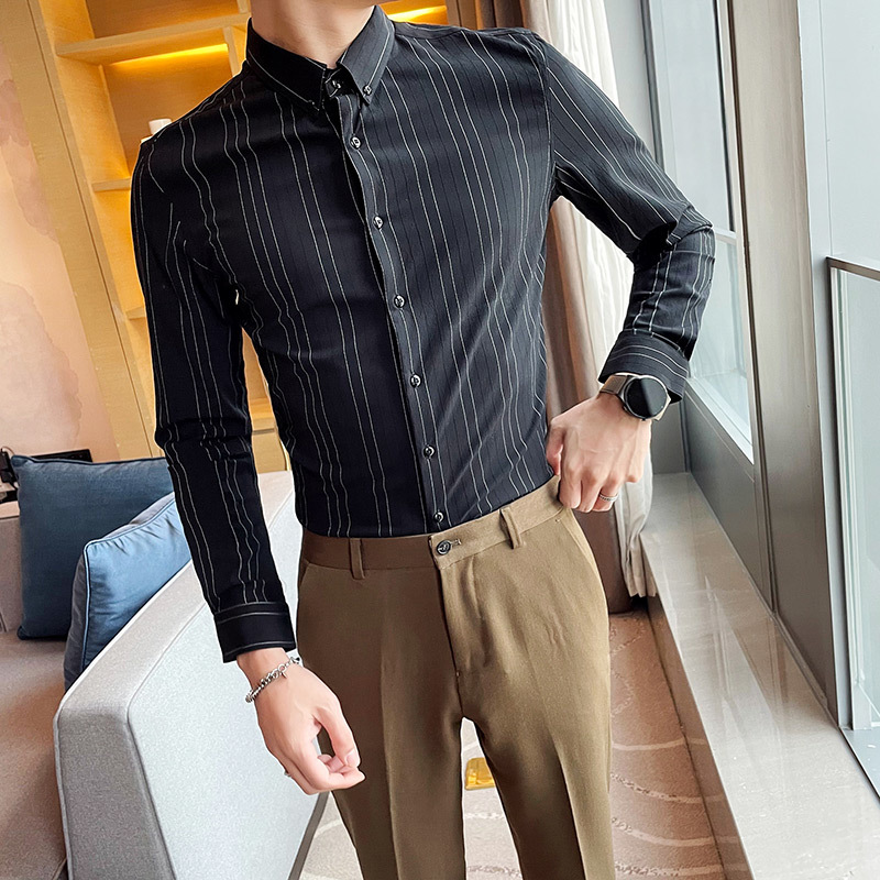 

New Estilo Britnico De Manga Longa Senhores Vestido Listrado Camisas Roupas Masculinas 2021 Simples Fino Ajuste Casual Formal Wear Lv89, White