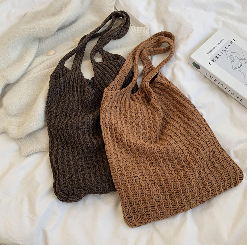 

DHL30pcs Shopping Bags Women Wool Knitted Plain Open Handbag, Black