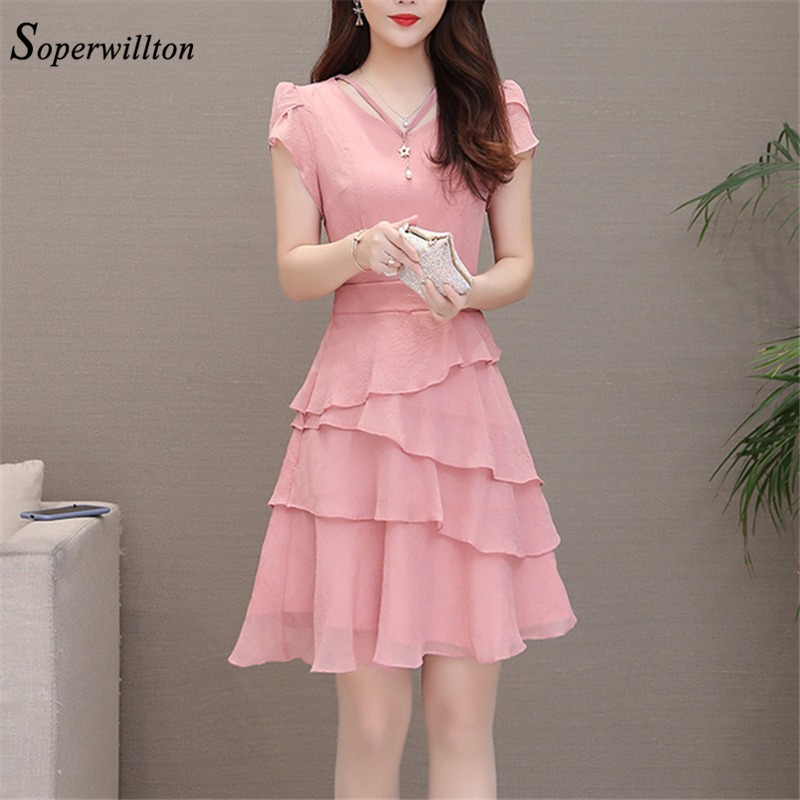 

Summer Chiffon Dress Women V-Neck Solid Short Dresses Sweet Ruffle Sleeeve Slim New Casual layered Women Dress Plus Size 210302, Black
