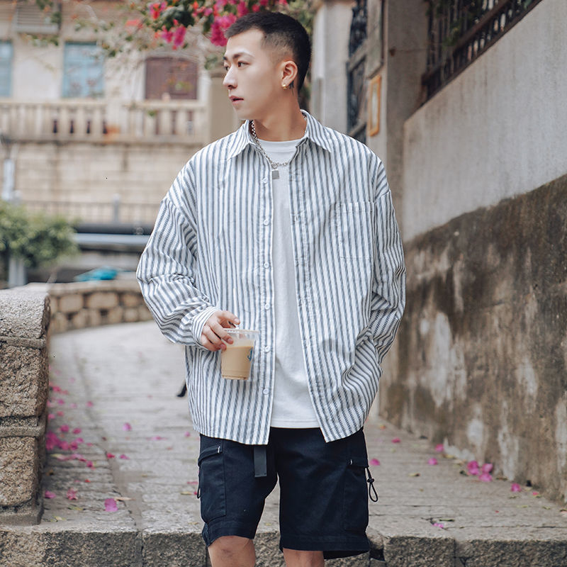 

2021 New Spring Summer Cotton Men's Fashion Casual Striped Men Thin Section Long-sleeved Shirts Mens Shirt 7snt, Dark red bar