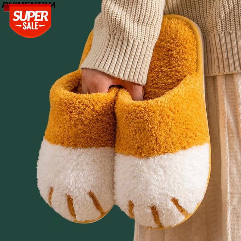 

PUIMENTIUA Winter House Warm Fur Slipers For Women Cute Cat Paw Bedroom Warm Plush Shoes Non-slip Indoor Women Furry Slippers #Ot9s, Black