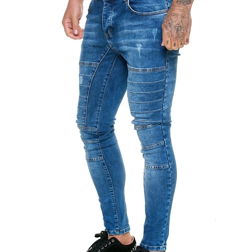 

Fashion Men Jeans Casual Patchwork Denim Slim Fit Trousers Solid Black and Blue Skinny Pencil Pants Plus Size Stretchy 211108, Dark blue
