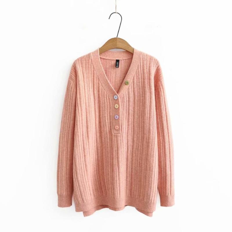 

Women's Sweaters Plus Size V Neck Button Women Loose 2021 Winter Casual Ladies Pullovers Sweater Female Tops Pink Brown