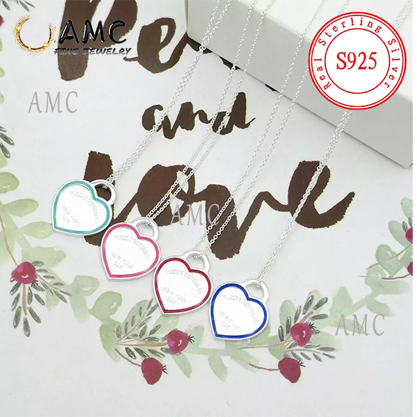 

AMC tiff necklace Color love pendant necklace female jewelry exquisite craftsmanship official logo classic blue heart necklace, Silver