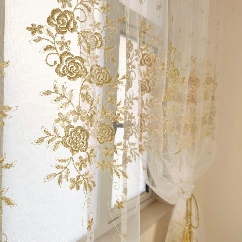 

Curtain & Drapes Embroidered Gold Floral Tulle Curtains For Bedroom Living Room Kitchen Sheer Window Treatment Voile, 1 piece sheer