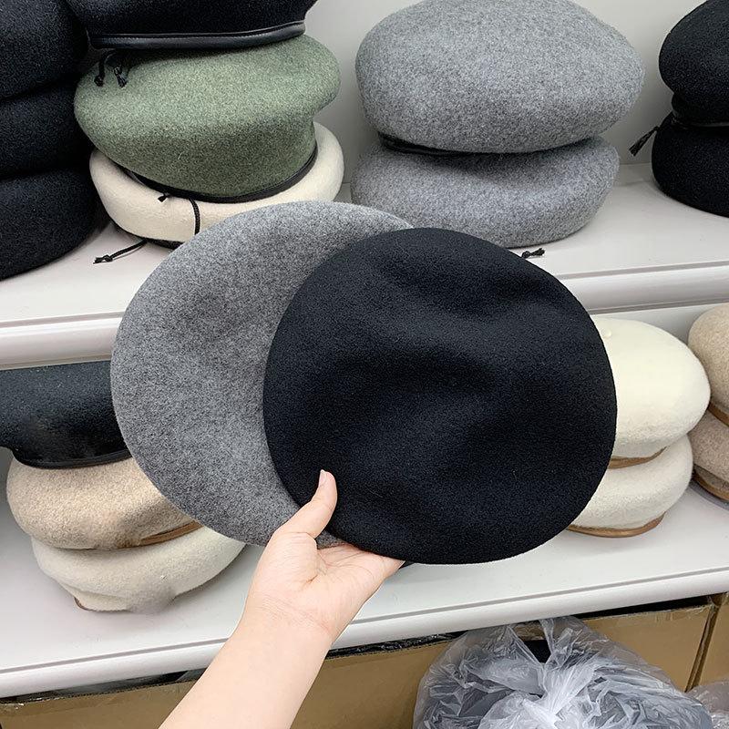 

Berets 2021 French Artist Warm Wool Winter Beanie Hat Vintage For Women Black Gray Painter PU Leather Edging Casual