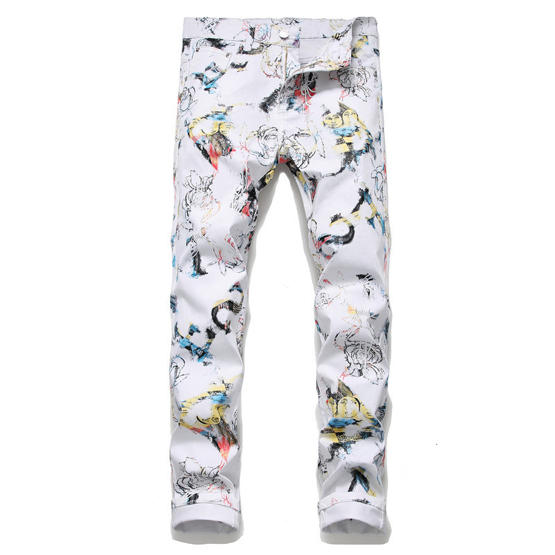 

2021 New Men's Male Casual Flower Character 3d Printed White Jeans Fashion Slim Fit Stretch Denim Pants Trousers 684s