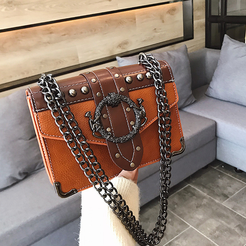 

New Quality PU Leather Womens Designer Handbag 2021 European Fashion Female Square Bag Rivet Lock Chain Shoulder Messenger Bags, Black