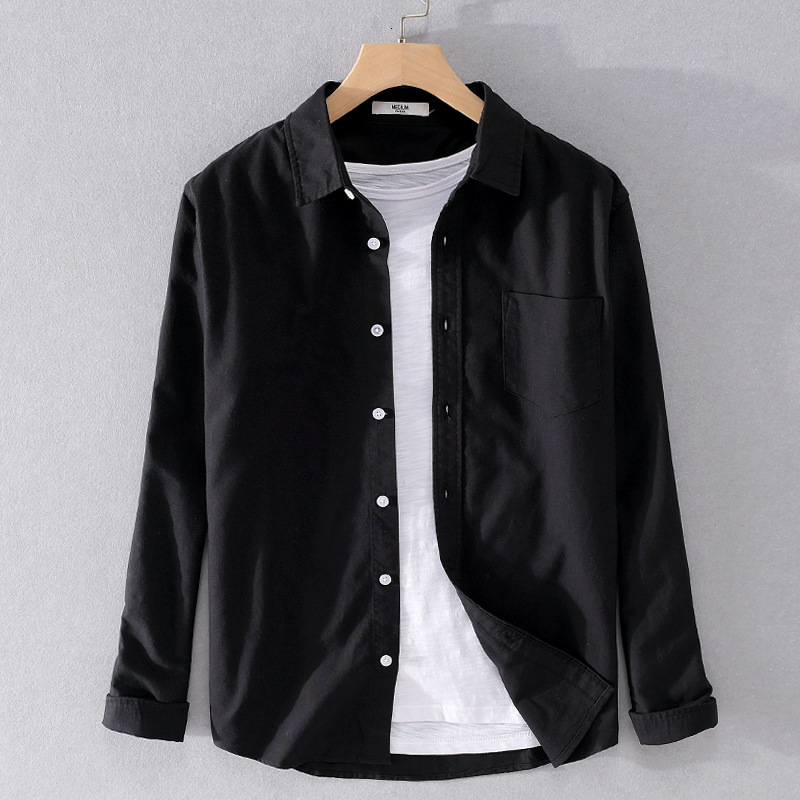 

2021 Long Sleeve Shirt for Man Autumn New 100% Black Cotton Casual Male Turn-down Collar Color Solid Clothes Y3171 Donz, Yellow