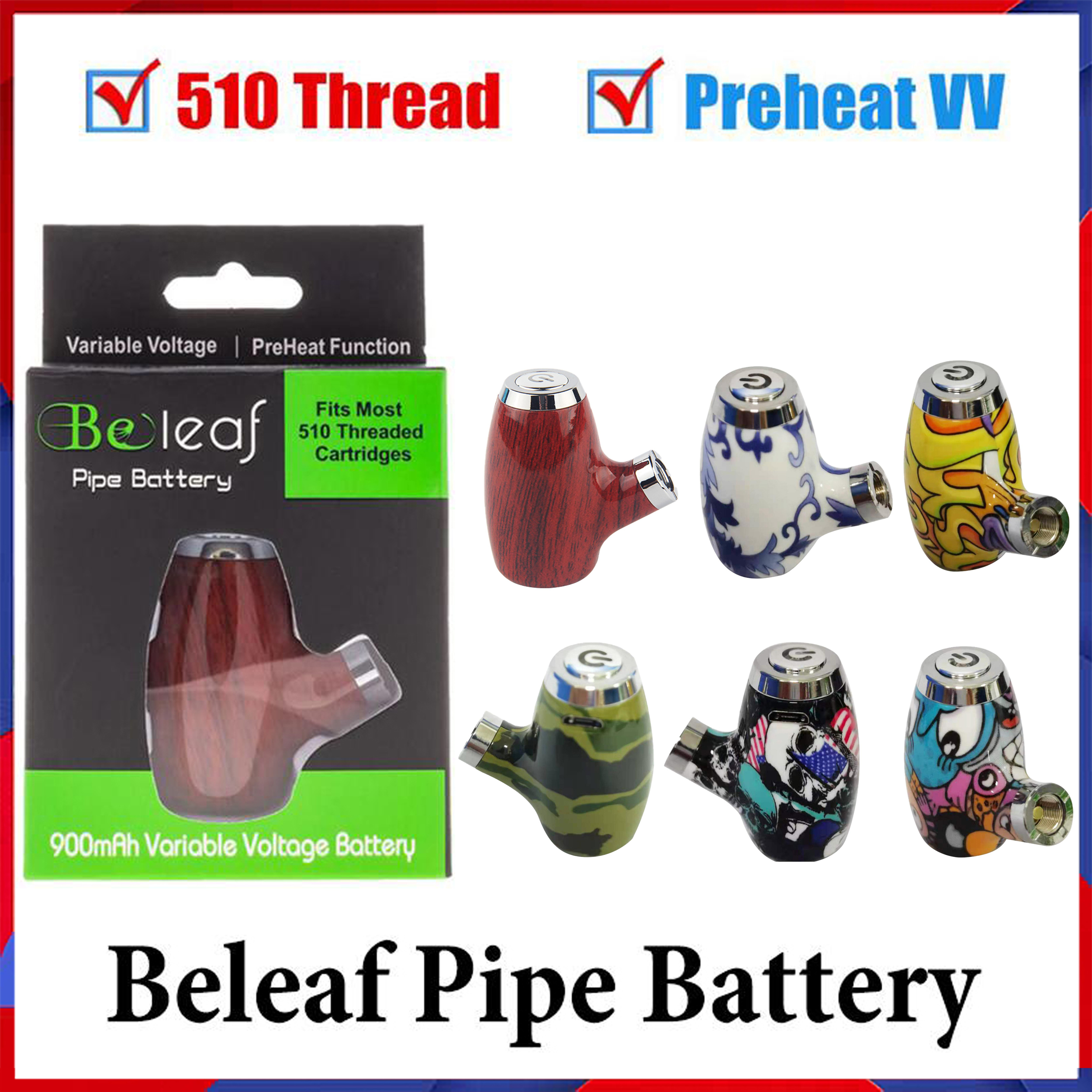 

100% Authentic Beleaf Pipe Battery Kit 6 Colors Wooden Design Vape Pen Cigarette 510 Thread 900mAh Rechargeable Preheat Variable Voltage