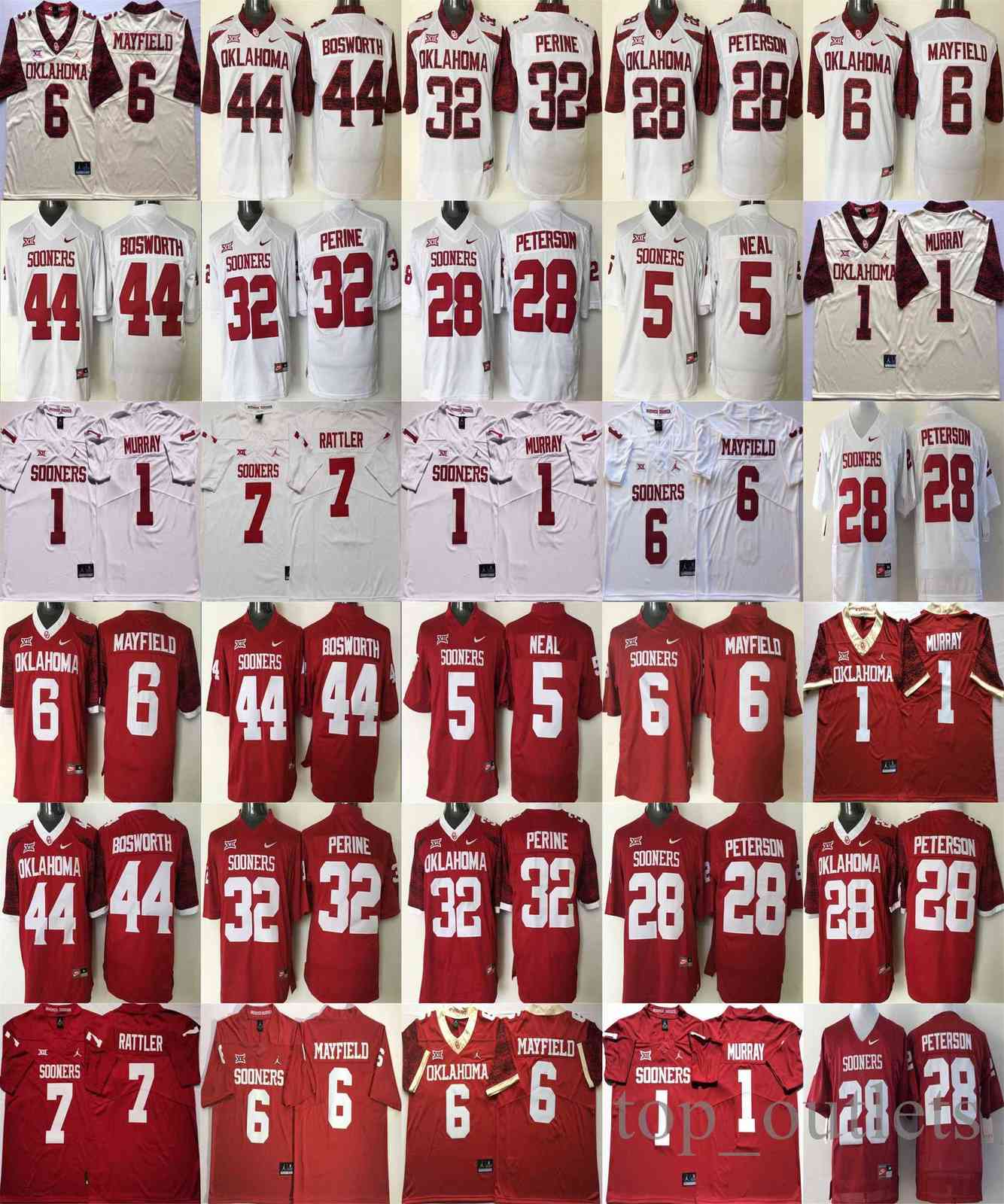

Oklahoma Sooners NCAA College Football Jerseys 14 Bradford Jersey 6 Mayfield 28 Peterson 32 Perine 44 Bosworth 1 Murray 5 Neal 7 Rattler Stitched White Red S-XXXL, As picture